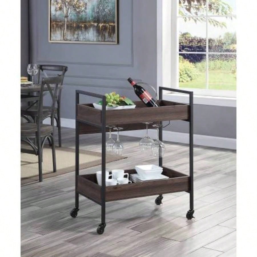 Jerrick Walnut Black Serving Cart