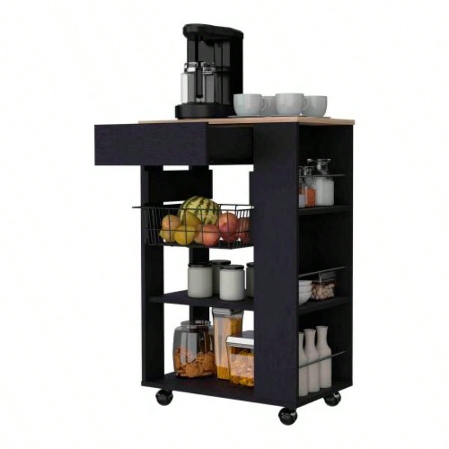 Shelton Kitchen Cart, Two Open Shelves, One Drawer, Four Caster