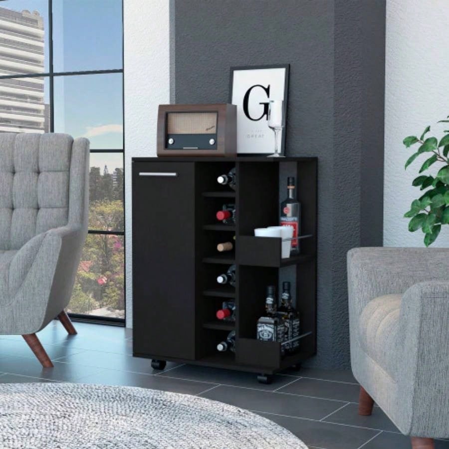 Bar Cart, One Cabinet With Division, Six Cubbies liquor, Two Shelves