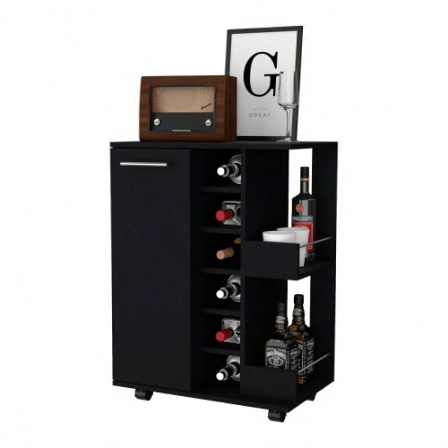Bar Cart, One Cabinet With Division, Six Cubbies liquor, Two Shelves