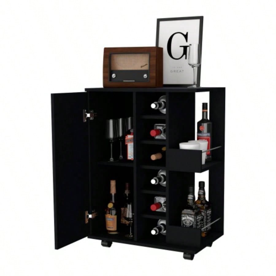 Bar Cart, One Cabinet With Division, Six Cubbies liquor, Two Shelves