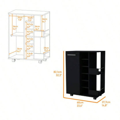 Bar Cart, One Cabinet With Division, Six Cubbies liquor, Two Shelves