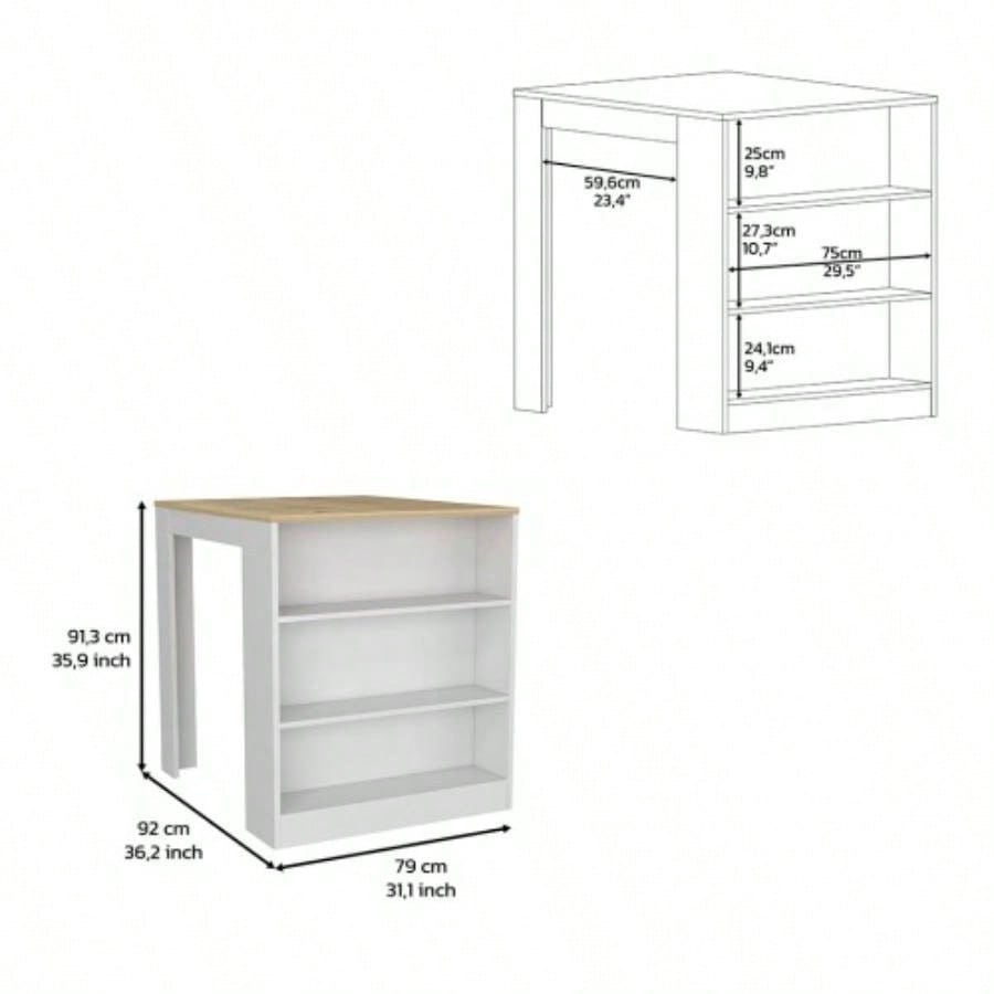 Kitchen Island Table, Two, Three Side Shelves, White/ Pine