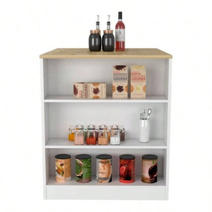 Kitchen Island Table, Two, Three Side Shelves, White/ Pine