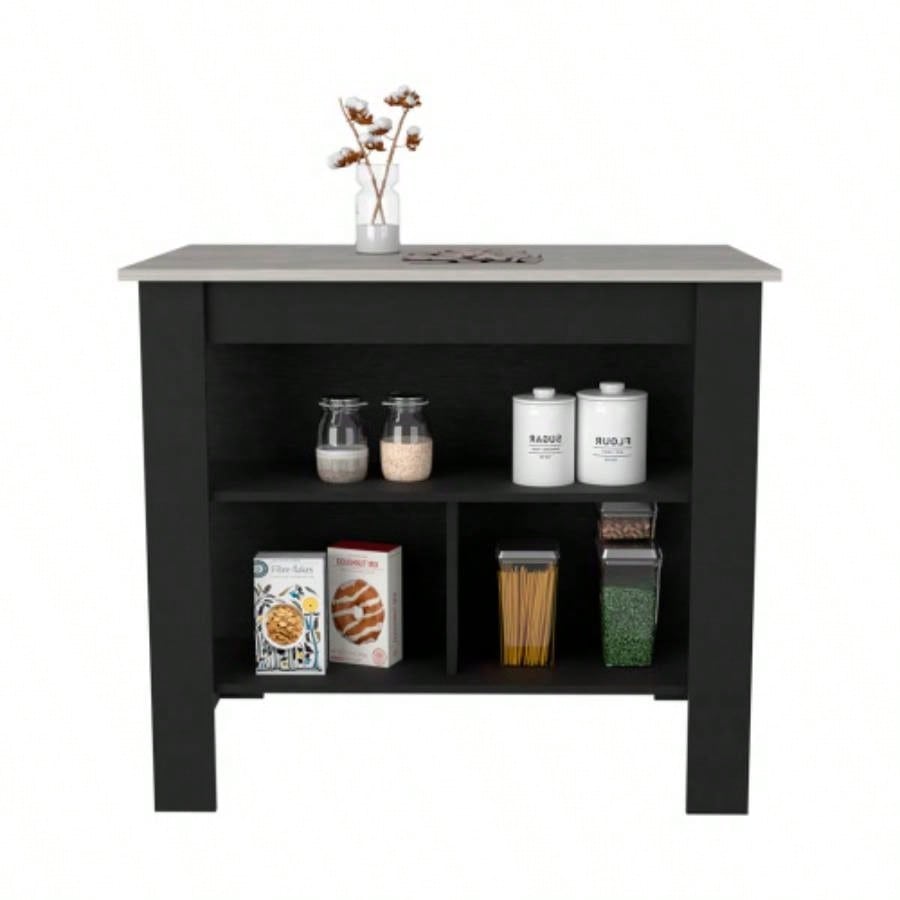 Kitchen Island Dozza, Three Shelves, Black/ Ibiza Marble Color