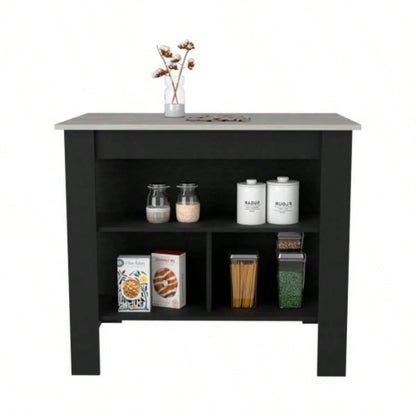 Kitchen Island Dozza, Three Shelves, Black/ Ibiza Marble Color