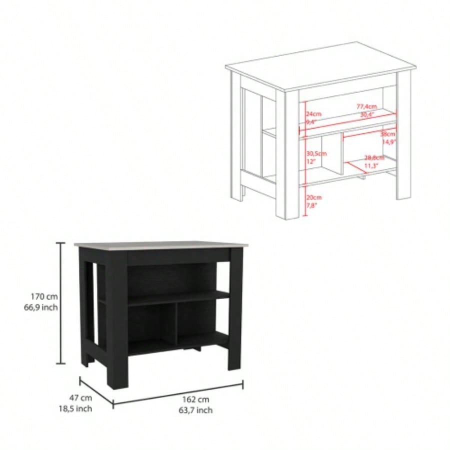 Kitchen Island Dozza, Three Shelves, Black/ Ibiza Marble Color
