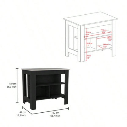 Kitchen Island Dozza, Three Shelves, Black/ Ibiza Marble Color
