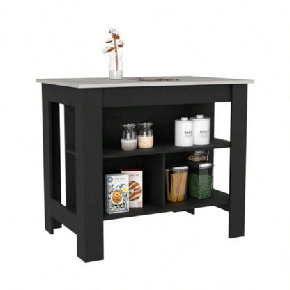 Kitchen Island Dozza, Three Shelves, Black/ Ibiza Marble Color