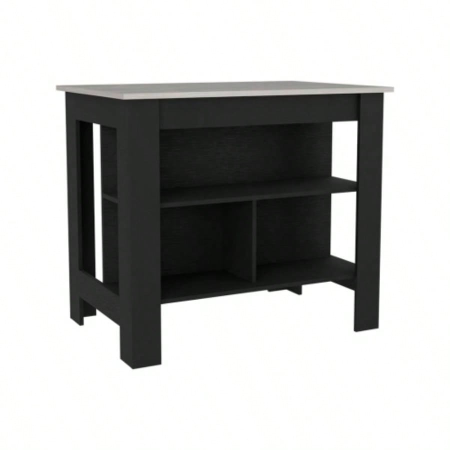 Kitchen Island Dozza, Three Shelves, Black/ Ibiza Marble Color