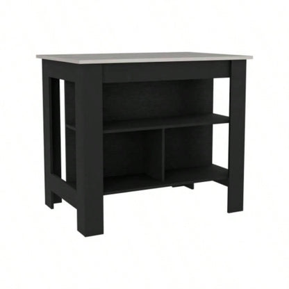 Kitchen Island Dozza, Three Shelves, Black/ Ibiza Marble Color