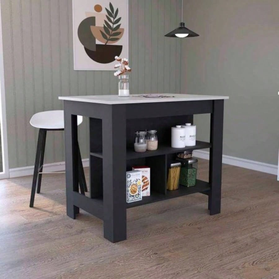 Kitchen Island Dozza, Three Shelves, Black/ Ibiza Marble Color