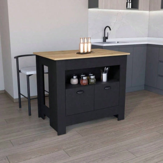 Kitchen Island 35 H, 2 doors, 3 shelves, Black/Macadamia