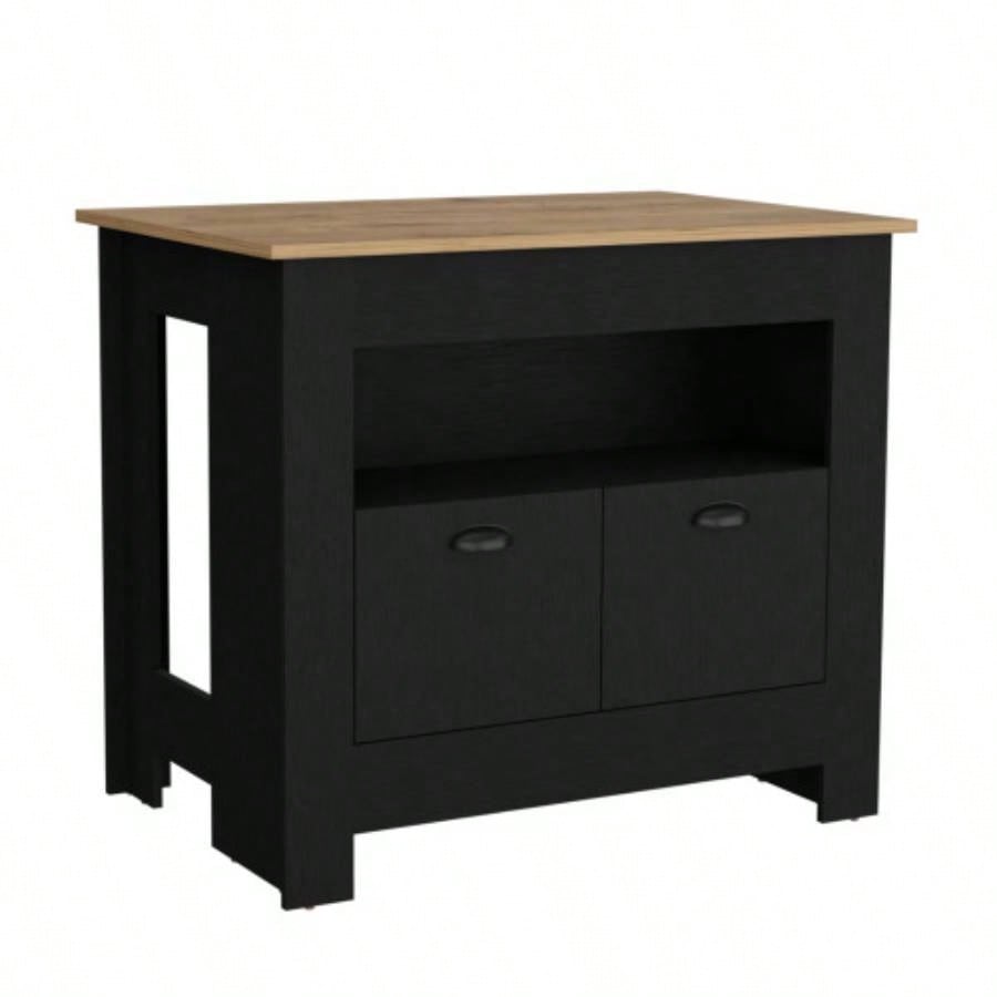 Kitchen Island 35 H, 2 doors, 3 shelves, Black/Macadamia