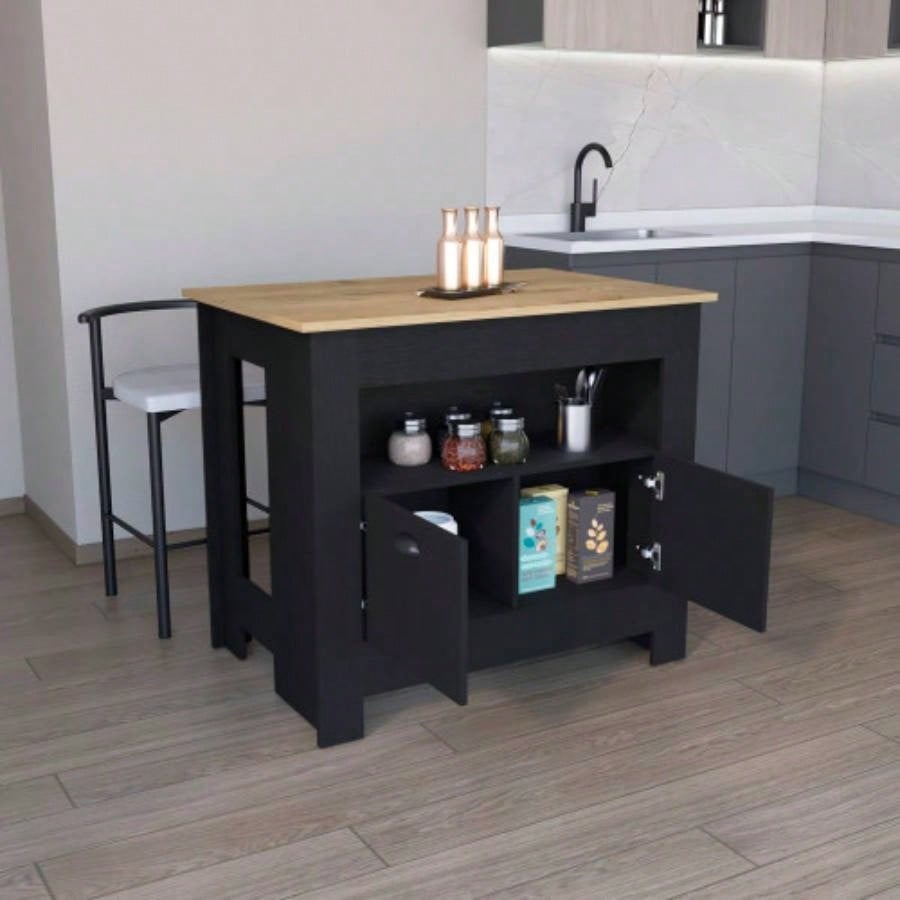 Kitchen Island 35 H, 2 doors, 3 shelves, Black/Macadamia