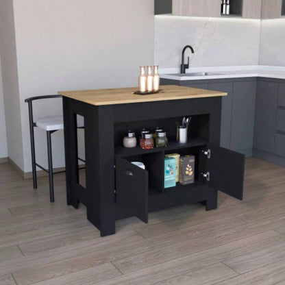 Kitchen Island 35 H, 2 doors, 3 shelves, Black/Macadamia