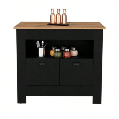 Kitchen Island 35 H, 2 doors, 3 shelves, Black/Macadamia