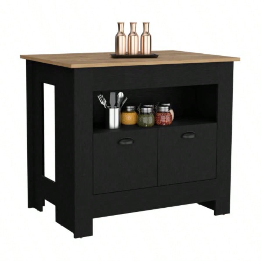 Kitchen Island 35 H, 2 doors, 3 shelves, Black/Macadamia