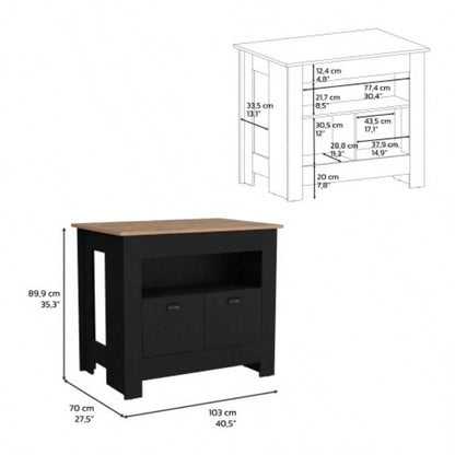 Kitchen Island 35 H, 2 doors, 3 shelves, Black/Macadamia