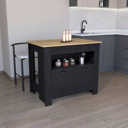 Kitchen Island 35 H, 2 doors, 3 shelves, Black/Macadamia