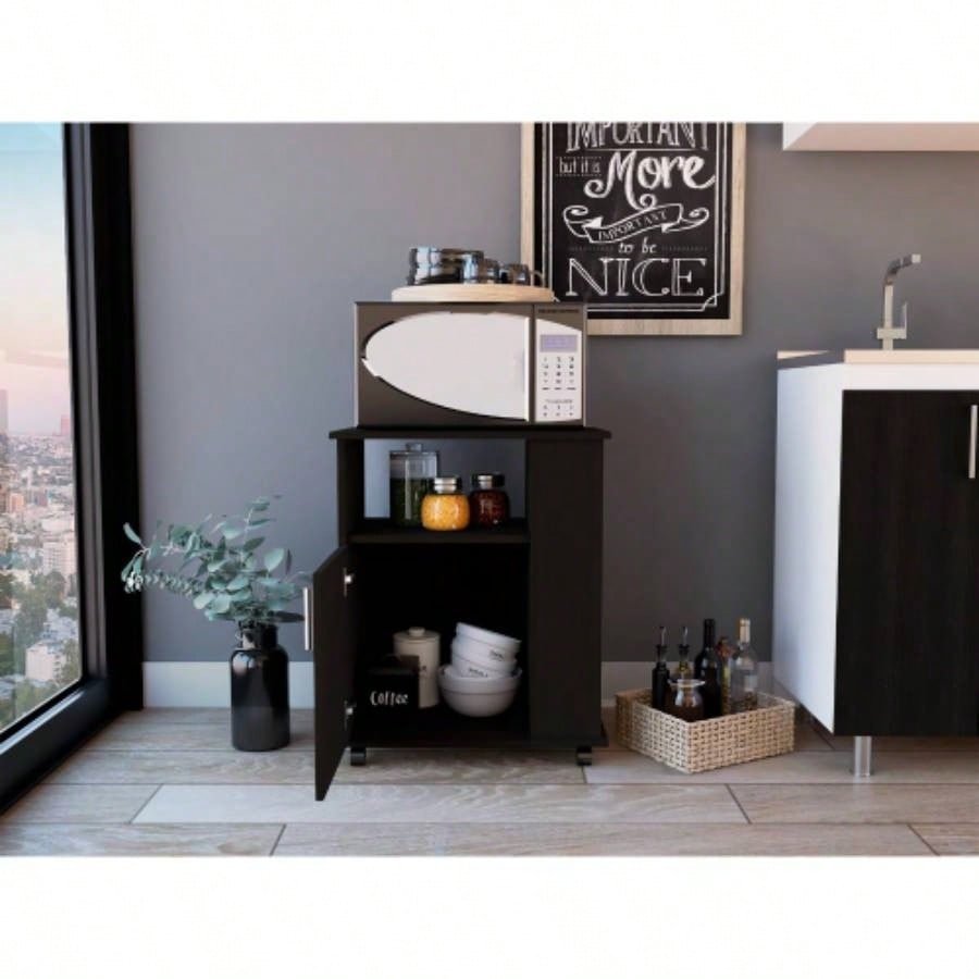 Lower Microwave Pantry 29 H, Single Door Cabinet, One Open Shelf, Three Side Shelves, Black