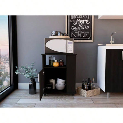 Lower Microwave Pantry 29 H, Single Door Cabinet, One Open Shelf, Three Side Shelves, Black