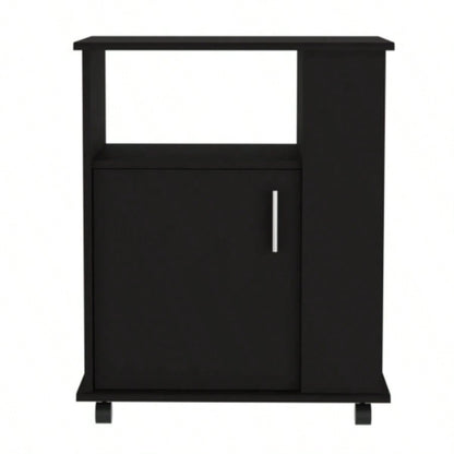 Lower Microwave Pantry 29 H, Single Door Cabinet, One Open Shelf, Three Side Shelves, Black
