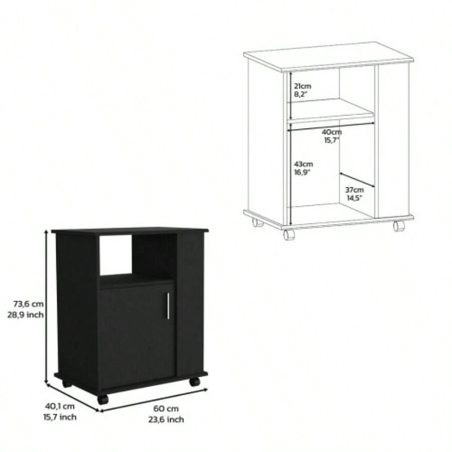 Lower Microwave Pantry 29 H, Single Door Cabinet, One Open Shelf, Three Side Shelves, Black