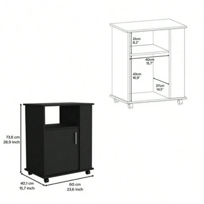 Lower Microwave Pantry 29 H, Single Door Cabinet, One Open Shelf, Three Side Shelves, Black