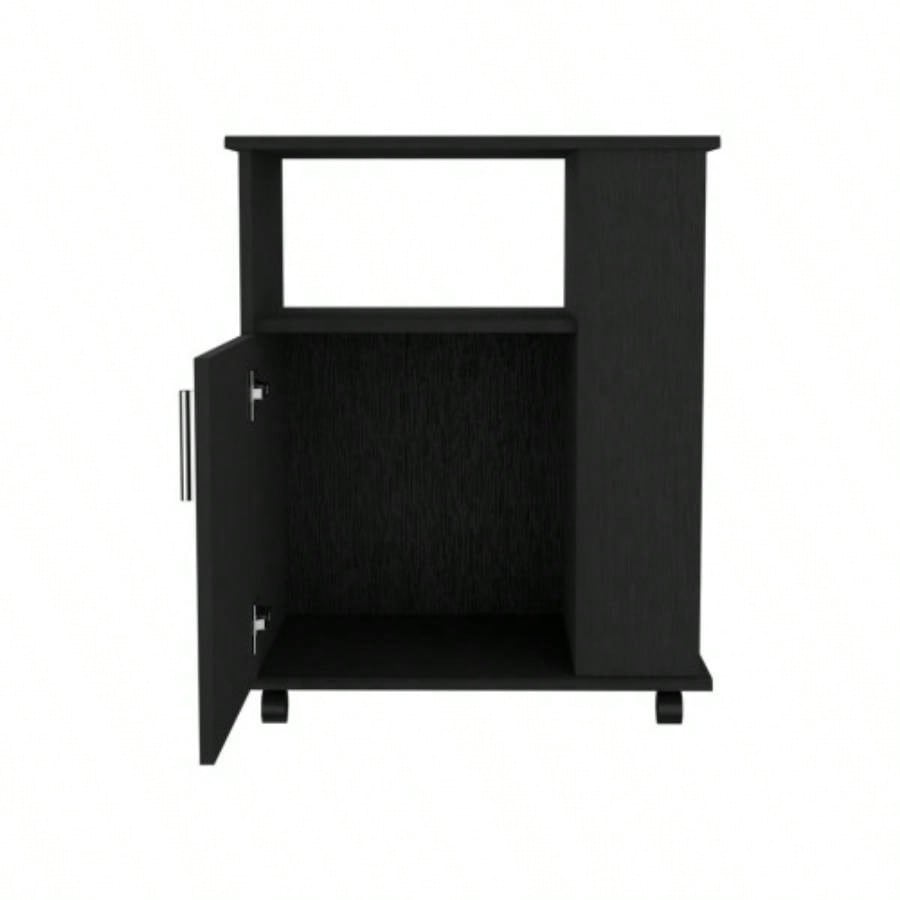 Lower Microwave Pantry 29 H, Single Door Cabinet, One Open Shelf, Three Side Shelves, Black