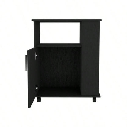 Lower Microwave Pantry 29 H, Single Door Cabinet, One Open Shelf, Three Side Shelves, Black