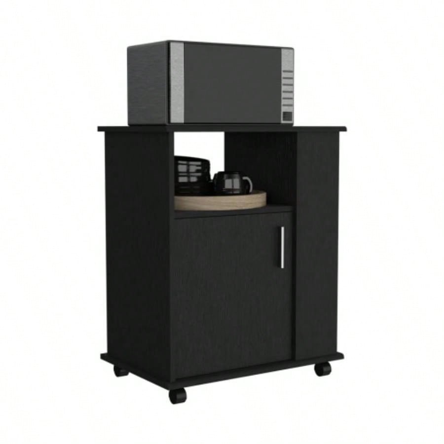 Lower Microwave Pantry 29 H, Single Door Cabinet, One Open Shelf, Three Side Shelves, Black