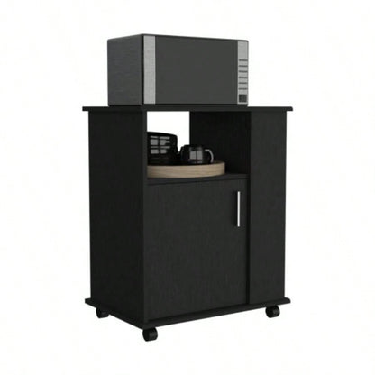 Lower Microwave Pantry 29 H, Single Door Cabinet, One Open Shelf, Three Side Shelves, Black