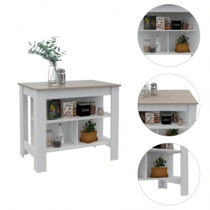 Brooklyn Antibacterial Surface Kitchen Island, Three Concealed Shelves