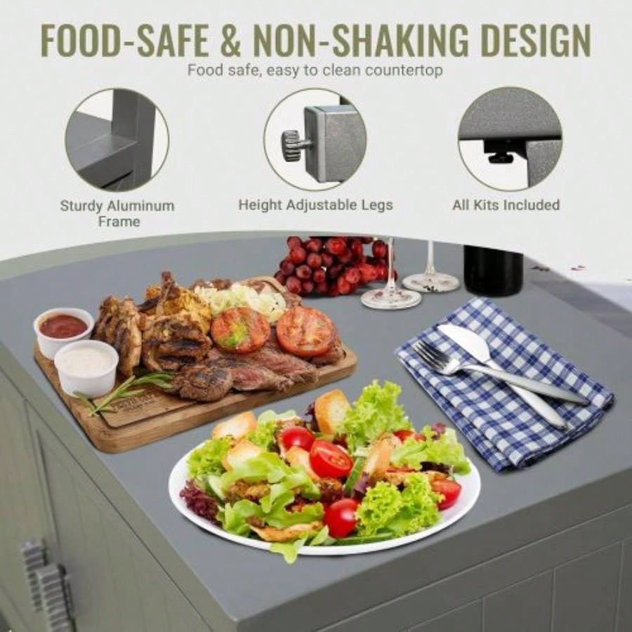 Outdoor Kitchen Island with Storage, Aluminum Kitchen Storage Island Outdoor Grill Table, Freestanding Outdoor Prep Table Grill Storage Cabinet with Protective Cover BBQ, Deck, Patio