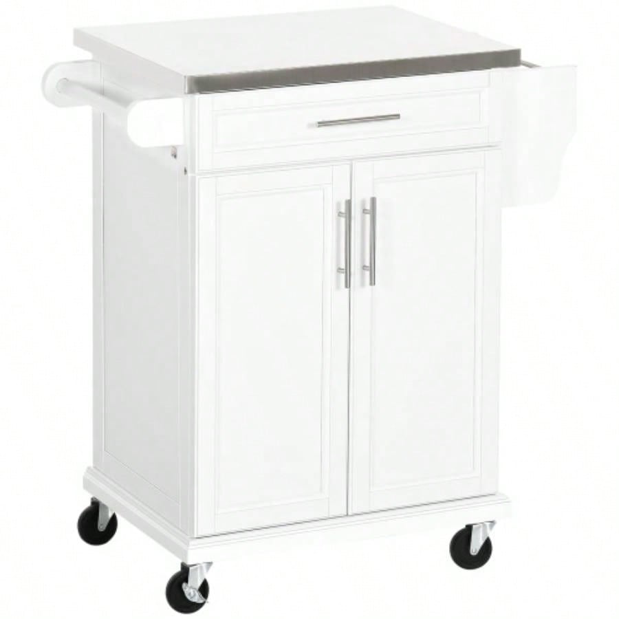 HOMCOM Kitchen Island on Wheels, Rolling Kitchen Cart with Stainless Steel Countertop, Drawer, Towel Rack and Spice Rack, Utility Storage Trolley, White
