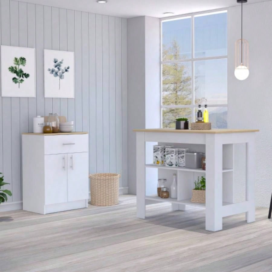 2 Piece Kitchen Set, Kitchen Island+ Pantry Cabinet, White/Light Oak