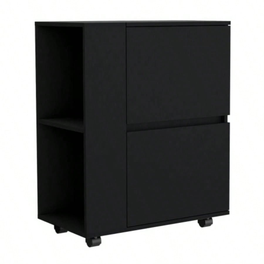 DEPOT E - SHOP Tully Bar Cart Two Pull - Down Door Cabinets and Two Open Shelves, Black