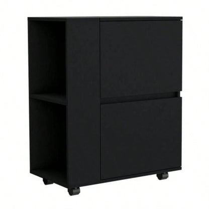 DEPOT E - SHOP Tully Bar Cart Two Pull - Down Door Cabinets and Two Open Shelves, Black