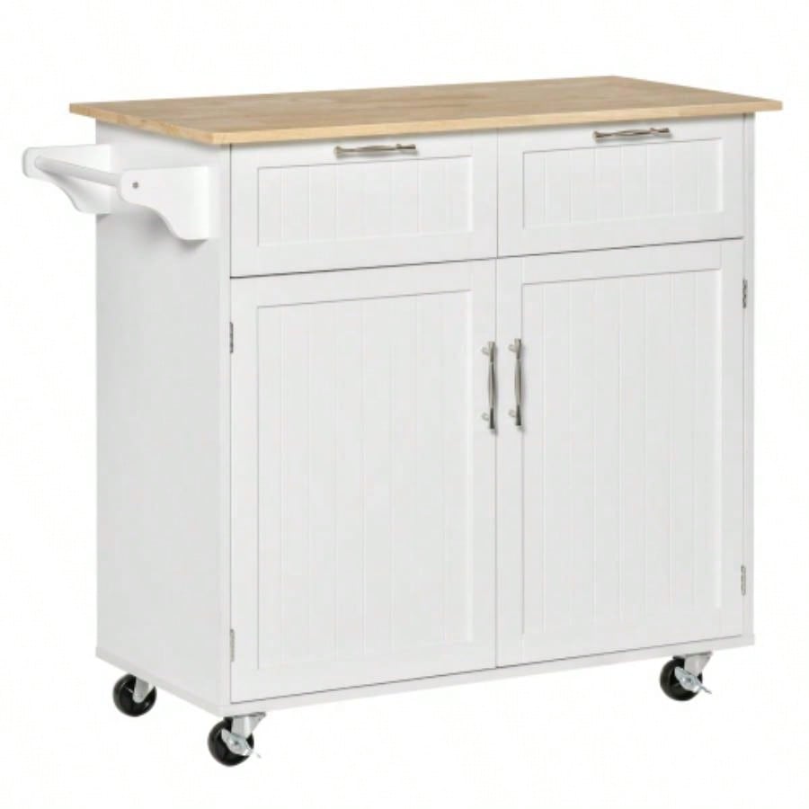 HOMCOM 41 Modern Rolling Kitchen Island on Wheels, Utility Cart Storage Trolley with Rubberwood Top Drawers, White