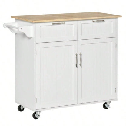 HOMCOM 41 Modern Rolling Kitchen Island on Wheels, Utility Cart Storage Trolley with Rubberwood Top Drawers, White
