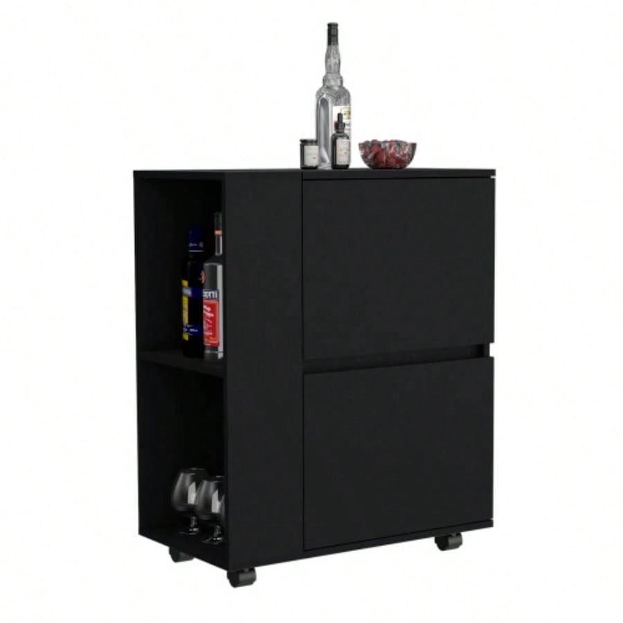 DEPOT E - SHOP Tully Bar Cart Two Pull - Down Door Cabinets and Two Open Shelves, Black