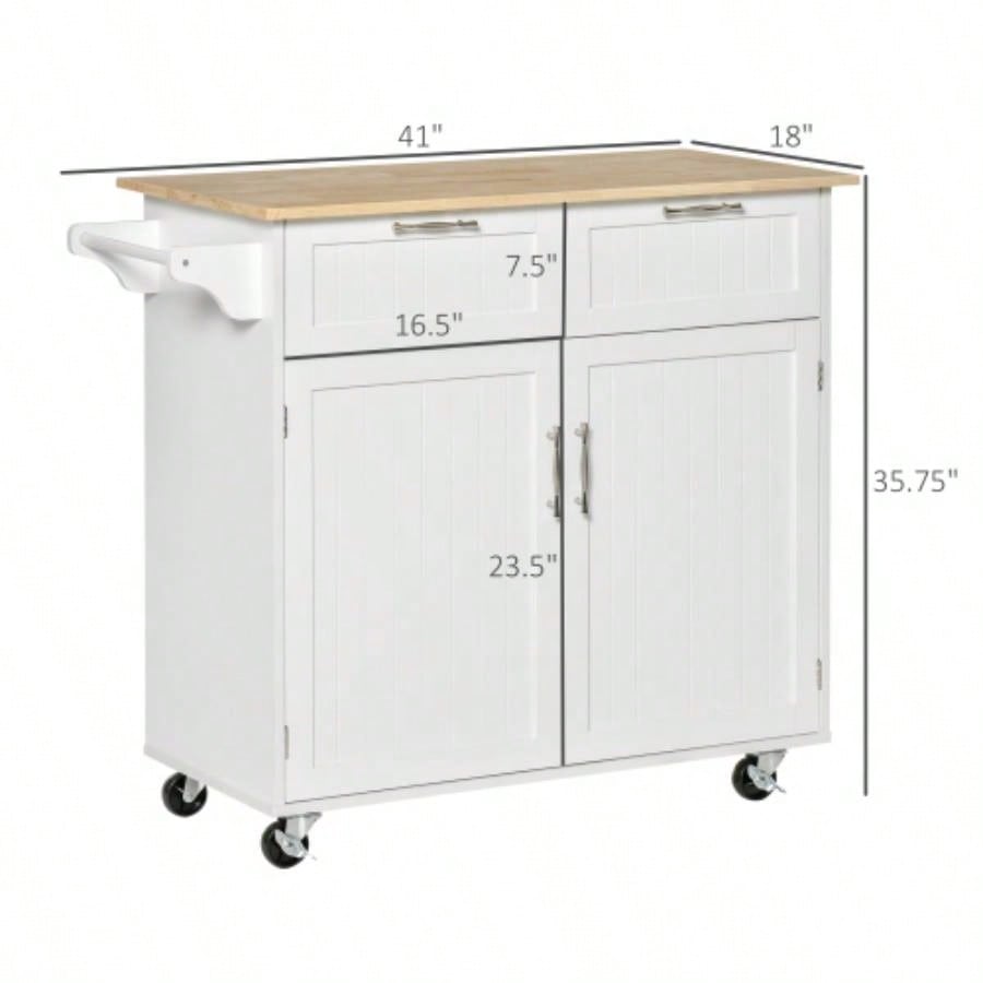 HOMCOM 41 Modern Rolling Kitchen Island on Wheels, Utility Cart Storage Trolley with Rubberwood Top Drawers, White
