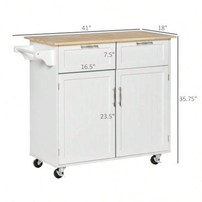 HOMCOM 41 Modern Rolling Kitchen Island on Wheels, Utility Cart Storage Trolley with Rubberwood Top Drawers, White