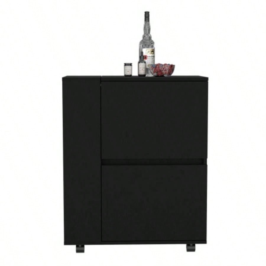DEPOT E - SHOP Tully Bar Cart Two Pull - Down Door Cabinets and Two Open Shelves, Black