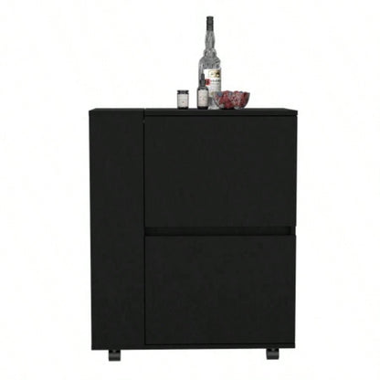 DEPOT E - SHOP Tully Bar Cart Two Pull - Down Door Cabinets and Two Open Shelves, Black