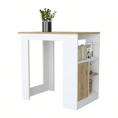 Kitchen Island with Open Compartment and Cabinet in White and Macadamia