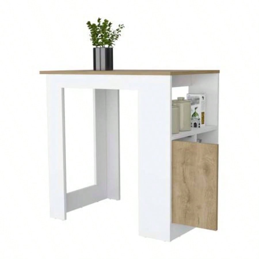 Kitchen Island with Open Compartment and Cabinet in White and Macadamia