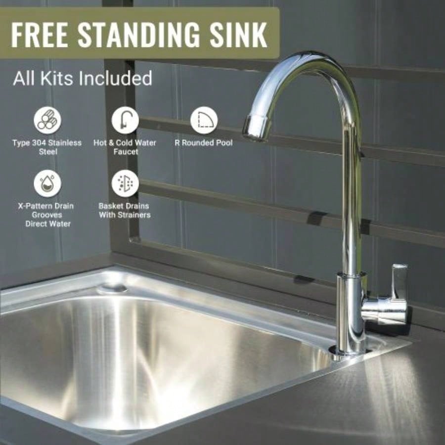 Outdoor Kitchen Island with Storage, Aluminum Kitchen Storage Island Stainless Steel Outdoor Sink/Faucet Drainboard, Freestanding Storage Shelves with Protective Cover Indoor Outdoor