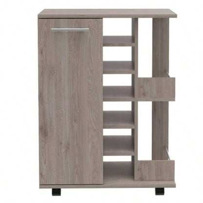Bar Cart, Two External Shelves, Four Casters, Six Built - in Wine Rack, Single Door Cabinet - Light Gray